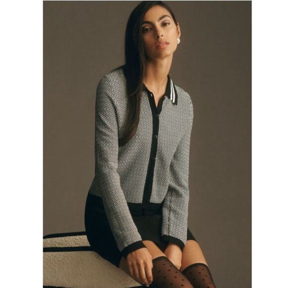 Anthropologie Sweaters - Anthropologie‎ Maeve Plunging Long Sleeve Polo Cardigan Black and Cream Size XXS